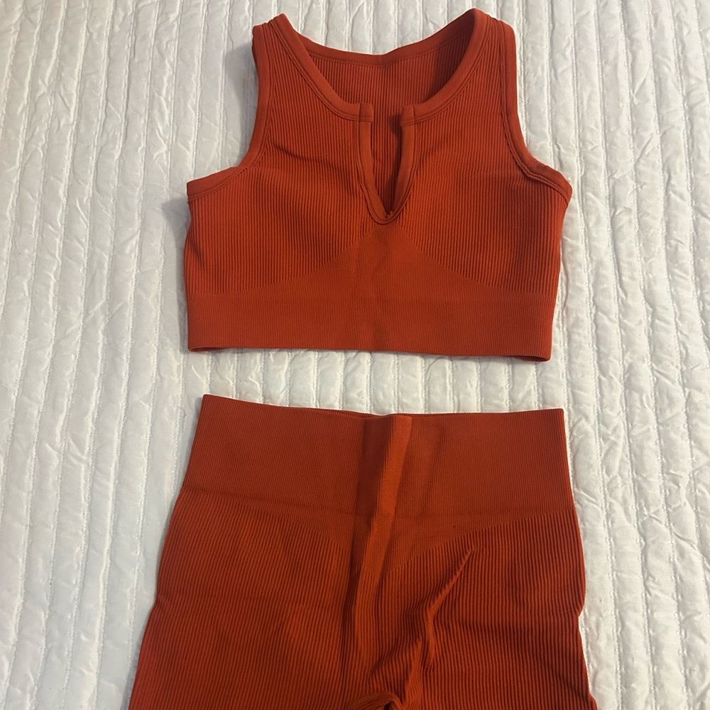 Ribbed Crop Tank and High Waist Shorts Set - Rust